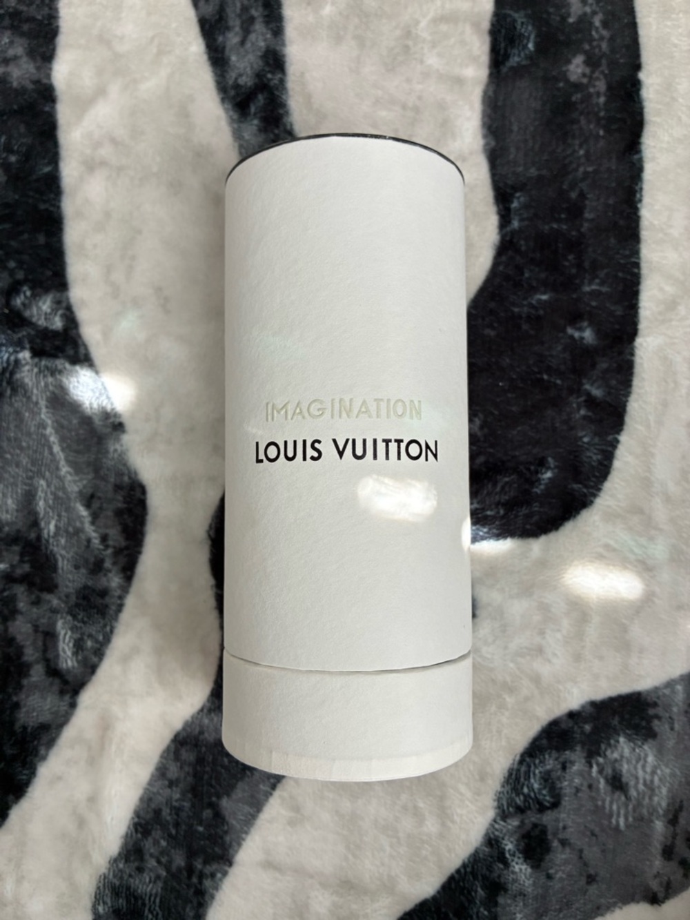 Louis Vuitton White Cylindrical Imagination Box with Gold Lettering